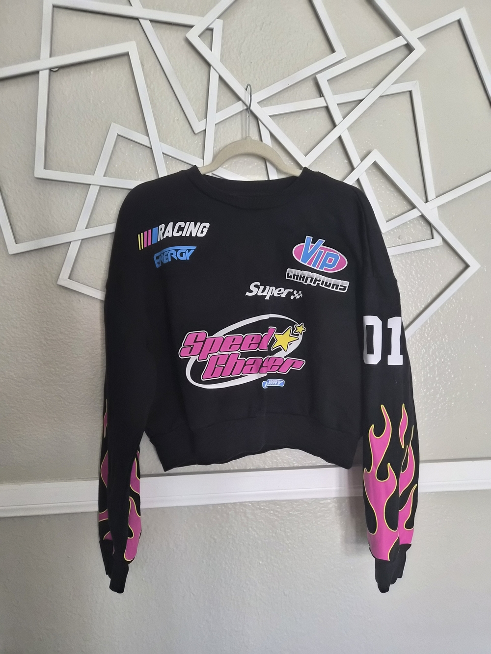Black 'Speed Chaser' Graphic Crop Sweatshirt with Pink Flame Sleeves